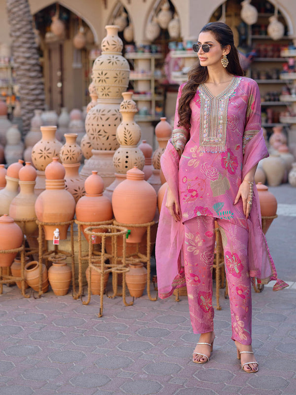 Pink Floral Printed Kurti with Pant and Dupatta (Set of 3)