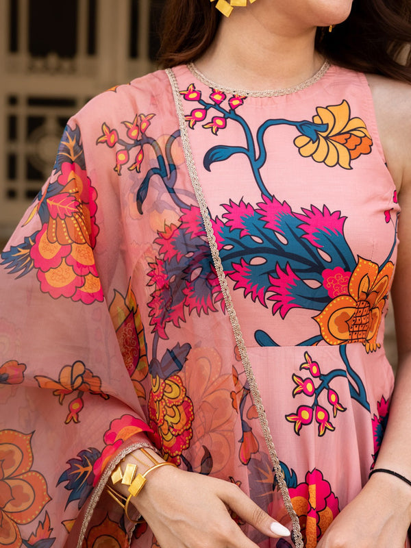 Floral Printed Boat Neck Anarkali Kurta with Churidar & Dupatta