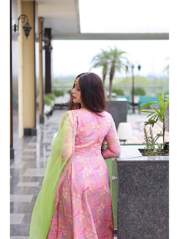 Pink Cotton Floral Anarkali Pant with Dupatta (Set of 3)