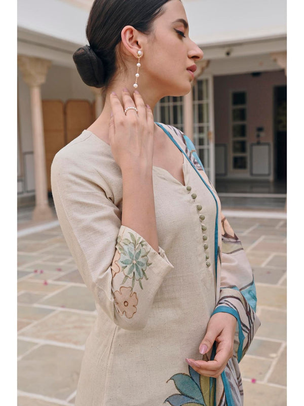 Blue Handloom Cotton Straight Kurta with Pant and Dupatta (Set of 3)