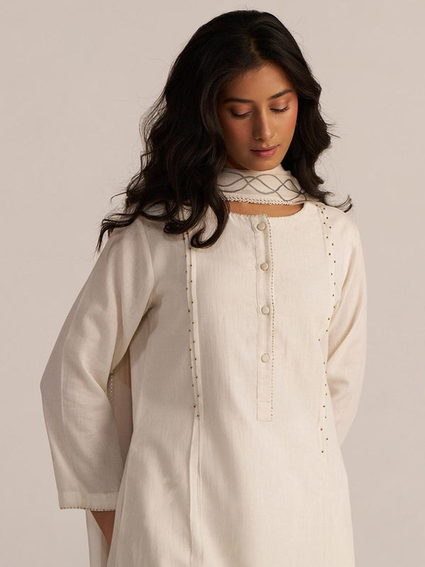 Off-White Cotton Woven Kurta with Palazzo & Dupatta (Set of 3)