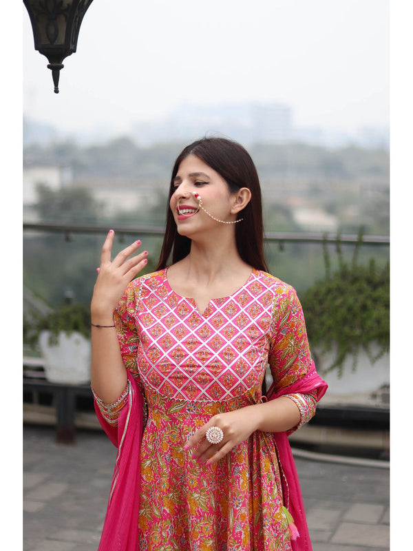 Pink Floral Handworked Anarkali Pant with Dupatta (Set of 3)