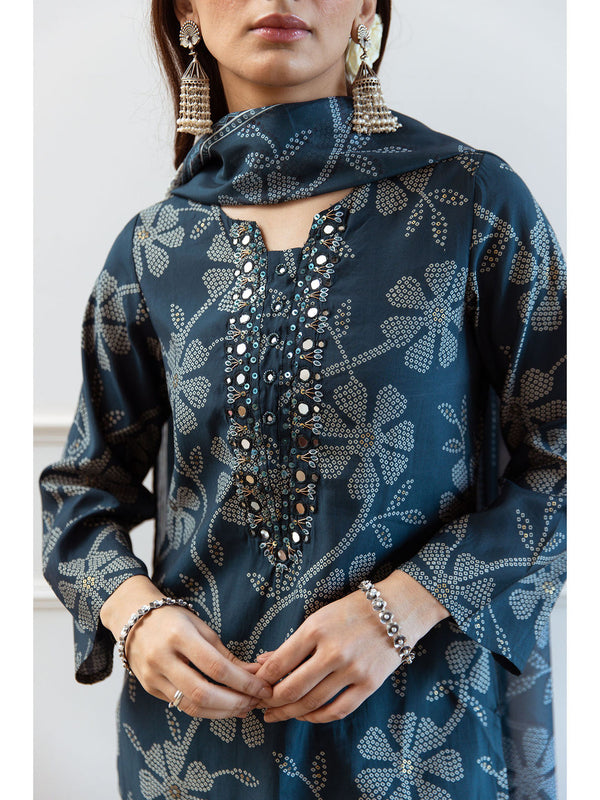 Teal Modal Floral Print Kurta with Pant and Dupatta (Set of 3)