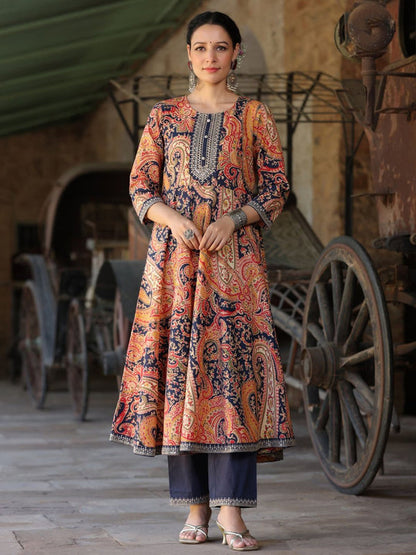 Blue Paisley Printed Kurta with Trousers & Dupatta (Set of 2)