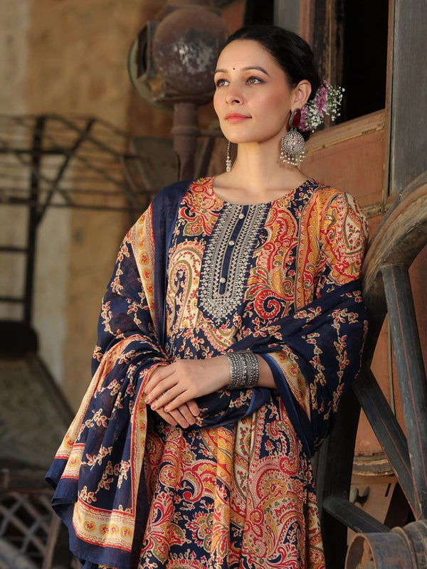 Blue Paisley Printed Kurta with Trousers & Dupatta (Set of 2)
