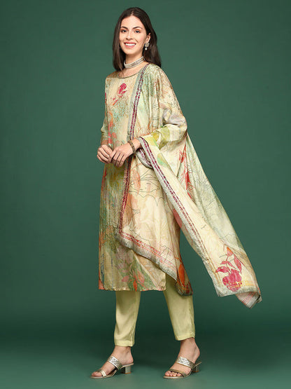 Women's Floral Sea Green Straight Kurta and Pant with Dupatta (Set of 3)