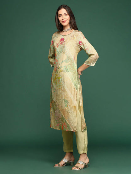 Women's Floral Sea Green Straight Kurta and Pant with Dupatta (Set of 3)