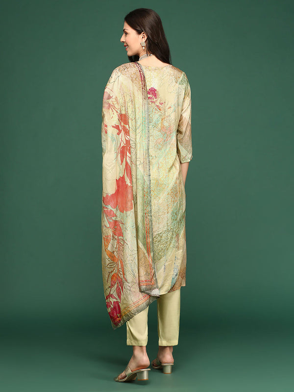 Women's Floral Sea Green Straight Kurta and Pant with Dupatta (Set of 3)