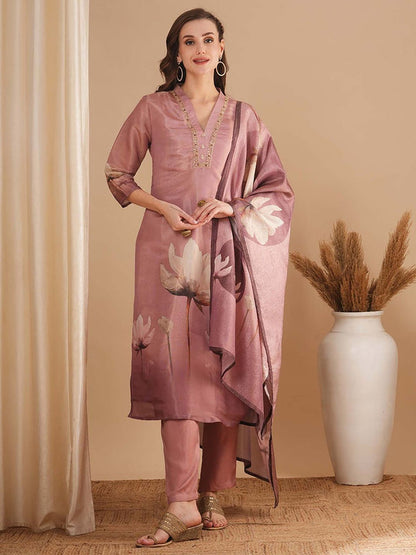 Floral Printed and Embellished Straight Fit Pink Kurta with Pant & Dupatta (Set of 3)