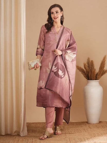 Floral Printed and Embellished Straight Fit Pink Kurta with Pant & Dupatta (Set of 3)
