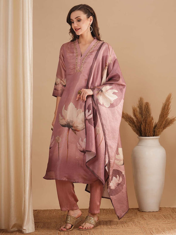 Floral Printed and Embellished Straight Fit Pink Kurta with Pant & Dupatta (Set of 3)