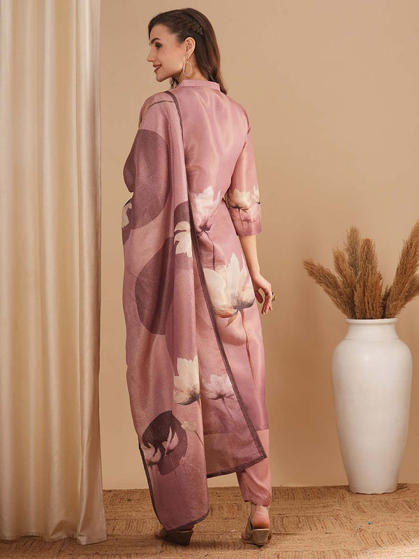 Floral Printed and Embellished Straight Fit Pink Kurta with Pant & Dupatta (Set of 3)