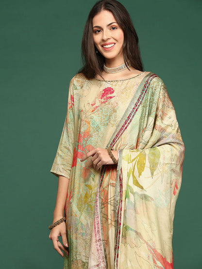 Women's Floral Sea Green Straight Kurta and Pant with Dupatta (Set of 3)