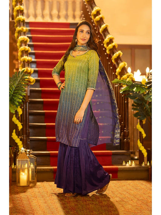 Purple Ombre Festive Short Kurta Sharara and Dupatta (Set of 3)