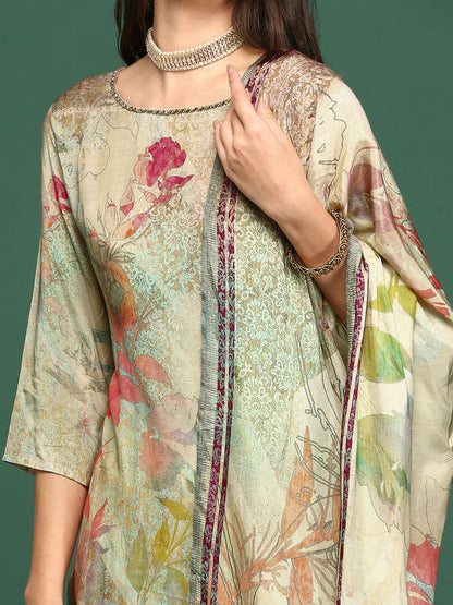Women's Floral Sea Green Straight Kurta and Pant with Dupatta (Set of 3)