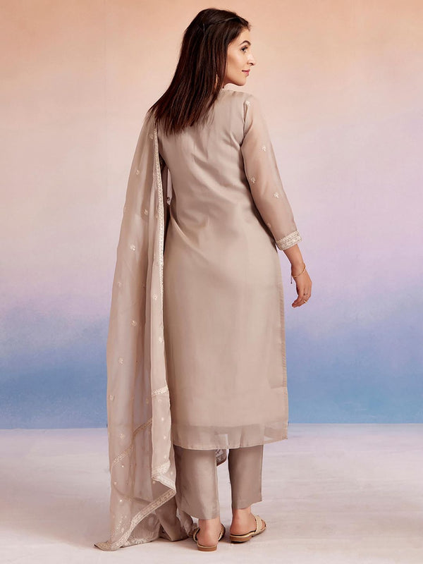 Beige Dori Embroidered Festive Kurta with Pant & Dupatta (Set of 3)