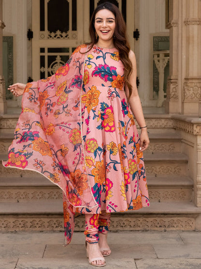 Floral Printed Boat Neck Anarkali Kurta with Churidar & Dupatta