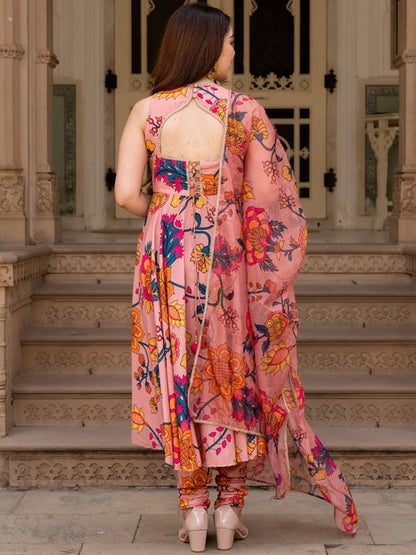 Floral Printed Boat Neck Anarkali Kurta with Churidar & Dupatta