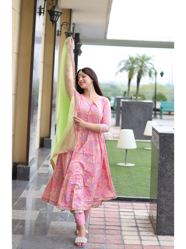 Pink Cotton Floral Anarkali Pant with Dupatta (Set of 3)