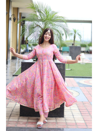 Pink Cotton Floral Anarkali Pant with Dupatta (Set of 3)