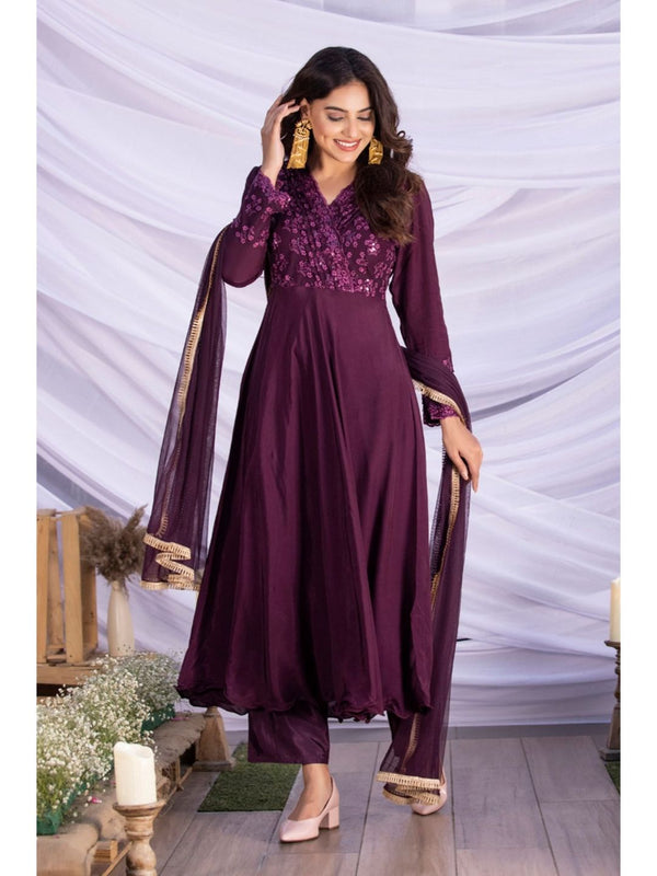 Purple Lace Embroidered Anarkali Kurta with Pant and Dupatta (Set of 3)
