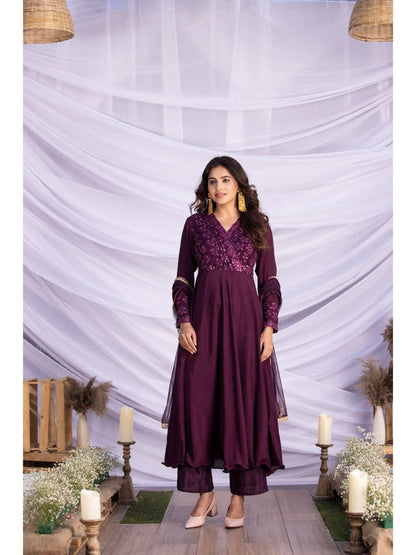 Purple Lace Embroidered Anarkali Kurta with Pant and Dupatta (Set of 3)
