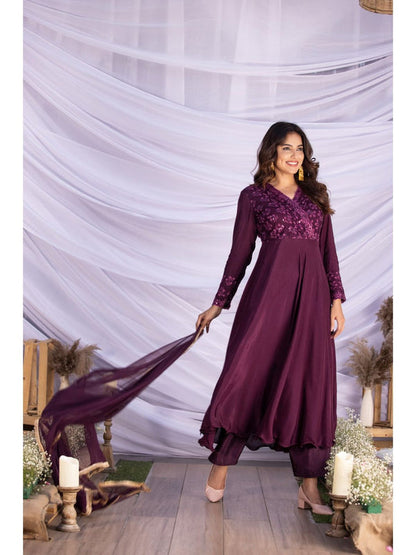 Purple Lace Embroidered Anarkali Kurta with Pant and Dupatta (Set of 3)