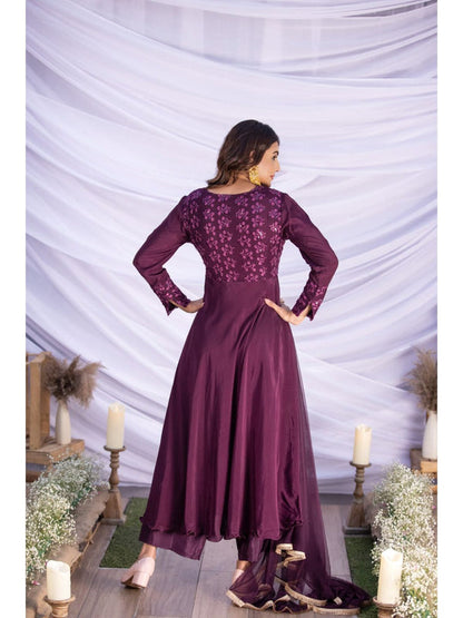 Purple Lace Embroidered Anarkali Kurta with Pant and Dupatta (Set of 3)