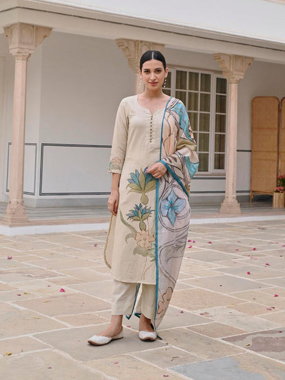 Blue Handloom Cotton Straight Kurta with Pant and Dupatta (Set of 3)