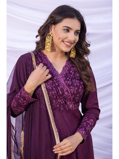 Purple Lace Embroidered Anarkali Kurta with Pant and Dupatta (Set of 3)