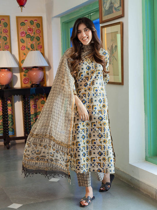 Beige Abstract Cotton Geometric Kurta with Pant & Dupatta (Set of 3)