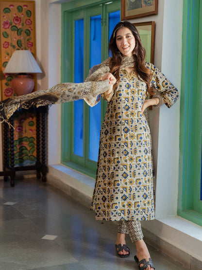 Beige Abstract Cotton Geometric Kurta with Pant & Dupatta (Set of 3)