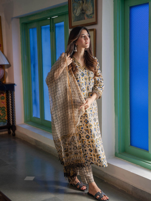 Beige Abstract Cotton Geometric Kurta with Pant & Dupatta (Set of 3)