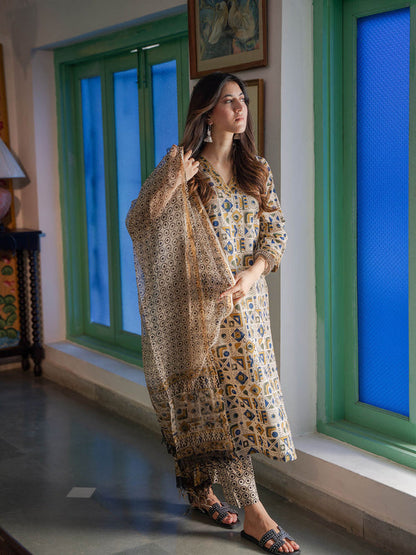 Beige Abstract Cotton Geometric Kurta with Pant & Dupatta (Set of 3)