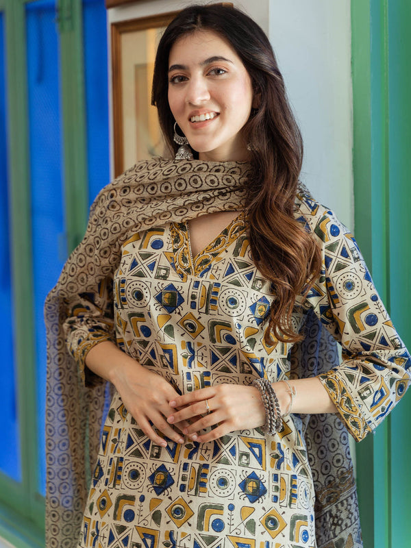 Beige Abstract Cotton Geometric Kurta with Pant & Dupatta (Set of 3)