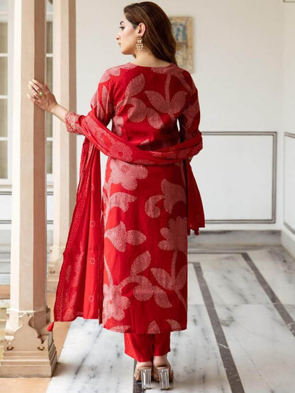 Floral Printed Thread Work Straight Kurta with Trousers & Dupatta