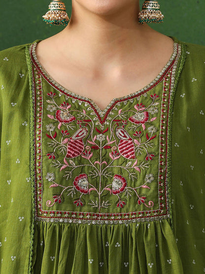 Green Embroidered A-Line Pure Cotton Kurta & Pant with Dupatta (Set of 3)