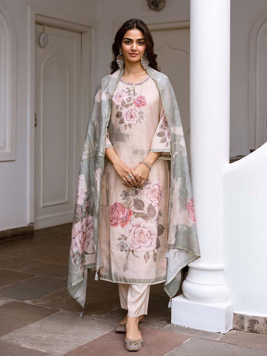 Women Cream Modal Shimmer Kurta with Pant & Dupatta (Set of 3)