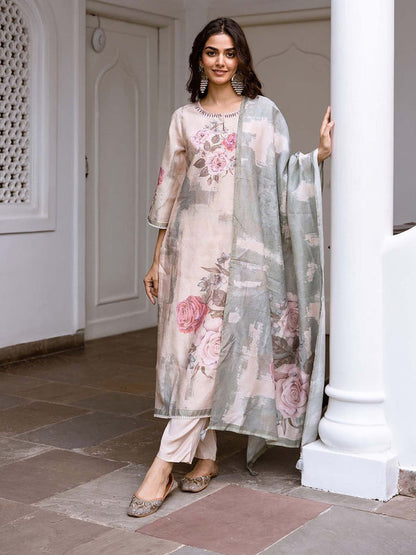 Women Cream Modal Shimmer Kurta with Pant & Dupatta (Set of 3)