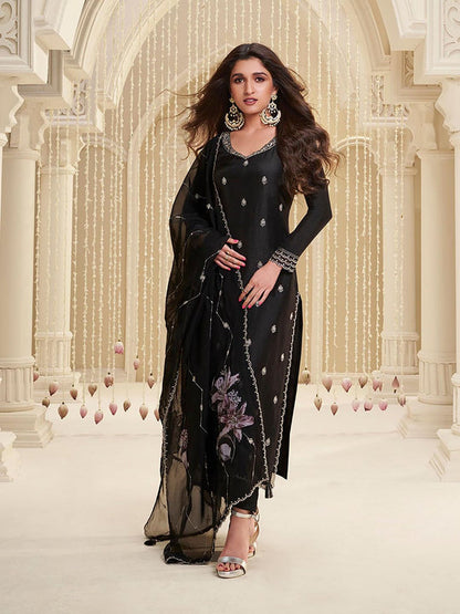 Black Embroidery Silk Straight Kurta with Pant and Dupatta (Set of 3)