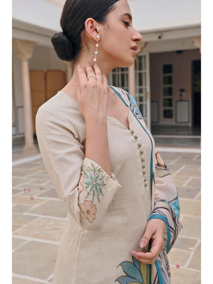 Blue Handloom Cotton Straight Kurta with Pant and Dupatta (Set of 3)