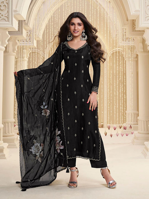 Black Embroidery Silk Straight Kurta with Pant and Dupatta (Set of 3)