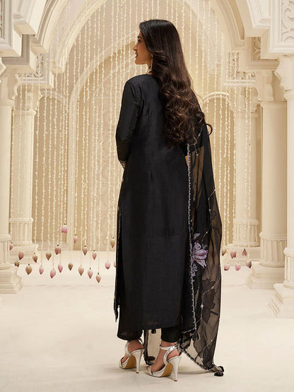 Black Embroidery Silk Straight Kurta with Pant and Dupatta (Set of 3)