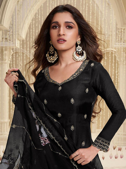 Black Embroidery Silk Straight Kurta with Pant and Dupatta (Set of 3)