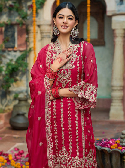 Ethnic Motifs Embroidered V-Neck Zari Organza Kurta With Trousers And Dupatta