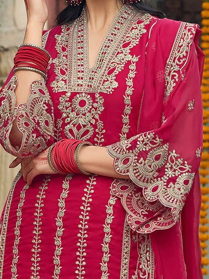 Ethnic Motifs Embroidered V-Neck Zari Organza Kurta With Trousers And Dupatta