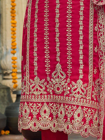 Ethnic Motifs Embroidered V-Neck Zari Organza Kurta With Trousers And Dupatta