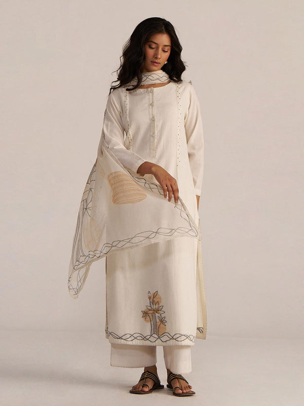 Off-White Cotton Woven Kurta with Palazzo & Dupatta (Set of 3)