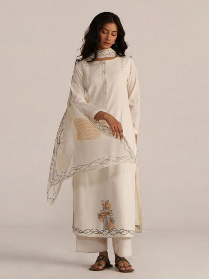 Off-White Cotton Woven Kurta with Palazzo & Dupatta (Set of 3)