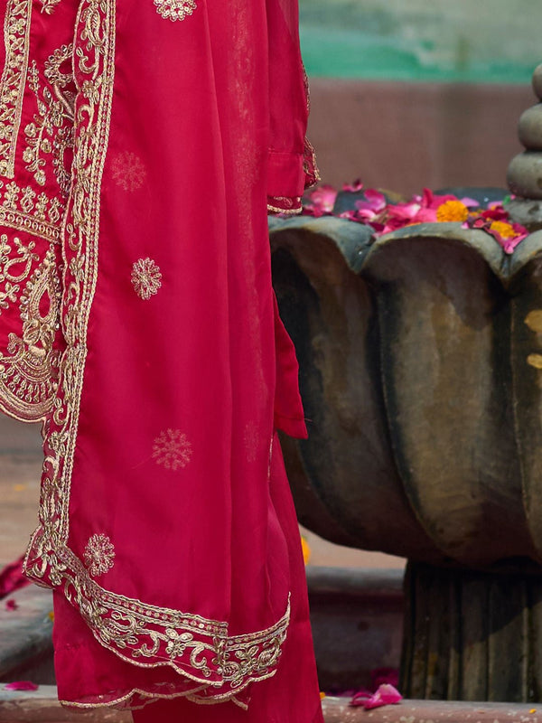 Ethnic Motifs Embroidered V-Neck Zari Organza Kurta With Trousers And Dupatta